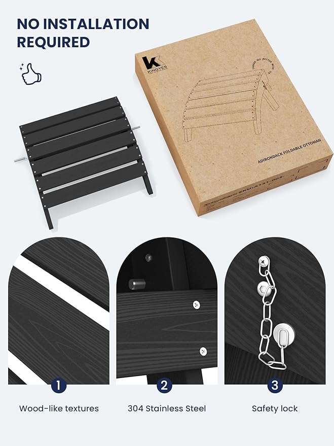 KINGYES Folding Adirondack Ottomans Set of 2 for Adirondack Chair, Black