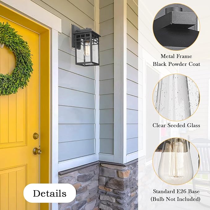 Outdoor Light Fixture Wall Mount, Modern Exterior Lights Fixture Wall Sconces with Seeded Glass for Front Porch, Farmhouse Rustic Waterproof Lantern Lamp in Black Finish for Home, Barn, Garage