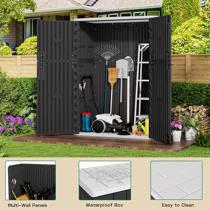 KINYING Outdoor Vertical Storage Shed,57 Cu.ft Outdoor Storage Cabinet Waterproof,Resin Sheds & Outdoor Storage Clearance for Garden,Patio,Backyard,Lockable (Black)