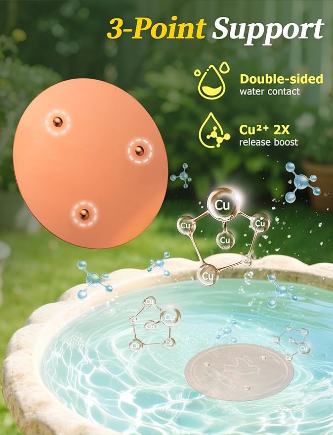 Mellbree Bird Bath Copper Disk, 0.6mm Reinforced 99.99% Pure Copper Cleaning Disk with Triple-Point Support for Physical Safe Clean Water All-Season, Universal Fit for Outdoor Birdbaths, Bowl