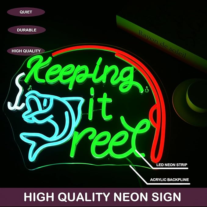 Keeping It Reel Neon Sign Fishing Themed LED Wall Decor for Man Caves, Tackle Shops & Lake Houses, USB-Powered Adjustable Brightness, Angler-Themed Decoration
