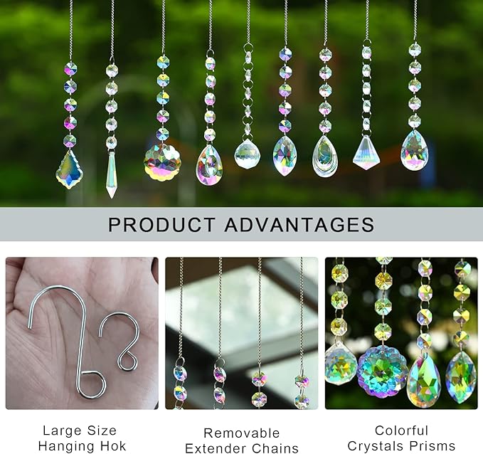 KANPURA 9 PCS Crystal Rainbow Suncatchers, Hanging Crystals Sun Catchers with Chain for Windows, Colorful Suncatcher Prism Pendant Hanging Crystals for Home Wedding Decor