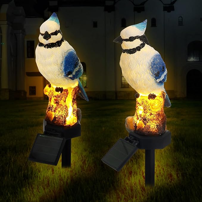 2 Pack Blue Jay Solar Lights Blue Jay Outdoor Decor Bluebird Solar Light Bird Figurine Garden Stake for Pathway Garden Lawn Yard Cemetery Decoration