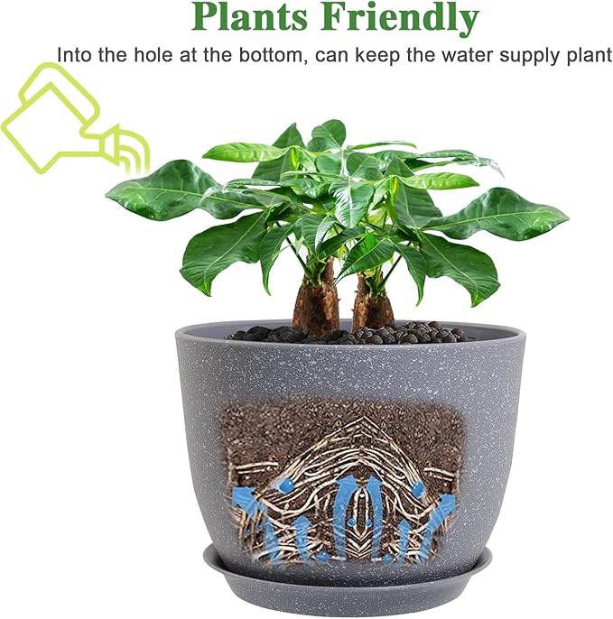 12/10/9 Large Modern Plant Pots, Plastic Planters with Drainage Holes and Saucers for Indoor Outdoor Plants Flowers, Grey Speckles