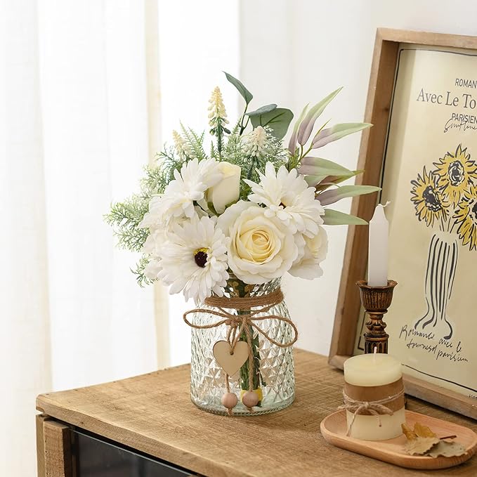Artificial White Flowers with Vase, Fake Flowers Arrangement for Home Decor, Faux Flowers for Farmhouse Coffee Table Decor, House Kitchen Centerpiece Table Decorations
