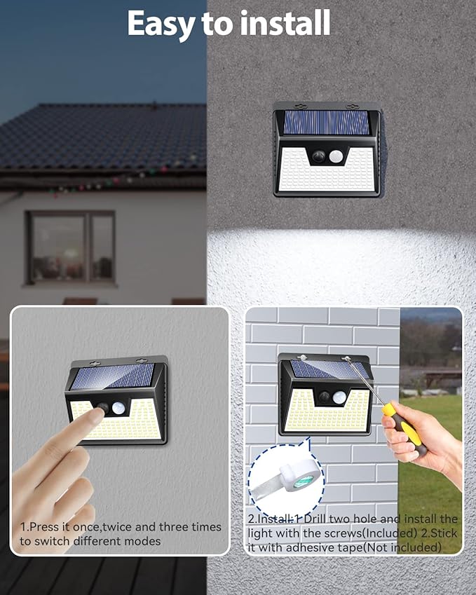 Peasur Solar Lights Outdoor Waterproof, 4 Pack 140LED Motion Sensor Light, 3 Modes Solar Powered Fence Security Lights for Patio Step Deck House Outside(Cool White)