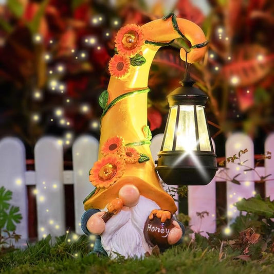 12" Solar Gnome Garden Statues Honey Bee jar Decor with LED Lantern Outdoor Spring Gnomes Decorations Patio Yard Balcony Art Gifts for Women Mom Grandma