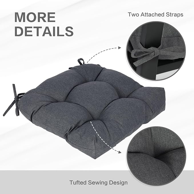 Aoodor 19" x 19" x 5" Tufted Outdoor Chair Cushions, Water Resistant & Fade Resistant Polyester Dining Chair Pads with 2 Straps for Patio Furniture, Set of 2