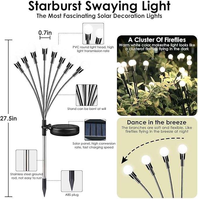 2025 Solar Lights Outdoor Waterproof, 10 Pack Solar Garden Lights, Solar Firefly Lights Outdoor Waterproof, Solar Twinkle Swaying Fairy Light for Yard Patio Pathway Garden Decoration (Cold White)