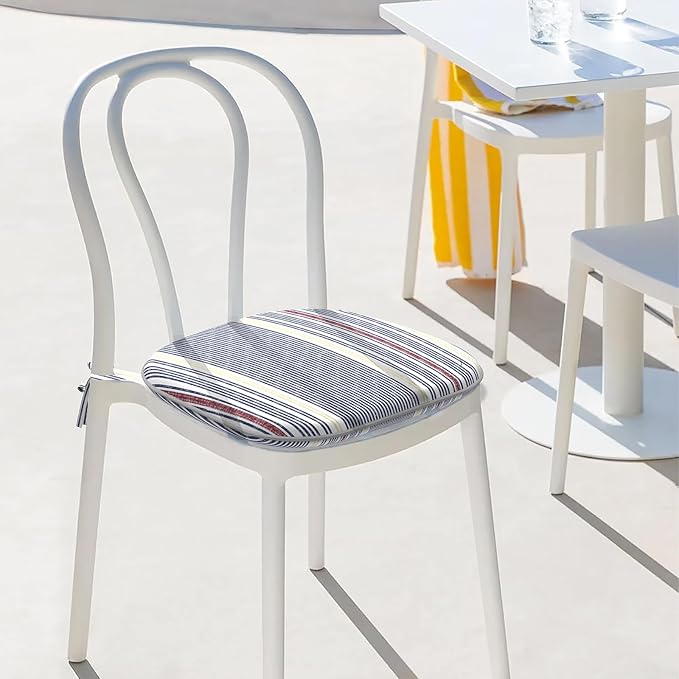 Indoor/Outdoor Chair Cushions 16x17 Inch, Patio Chair Cushions with Ties, All Weather Seat Cushions for Patio Furniture Home Garden Chair Use, Set of 2, Stripe Denim Blue