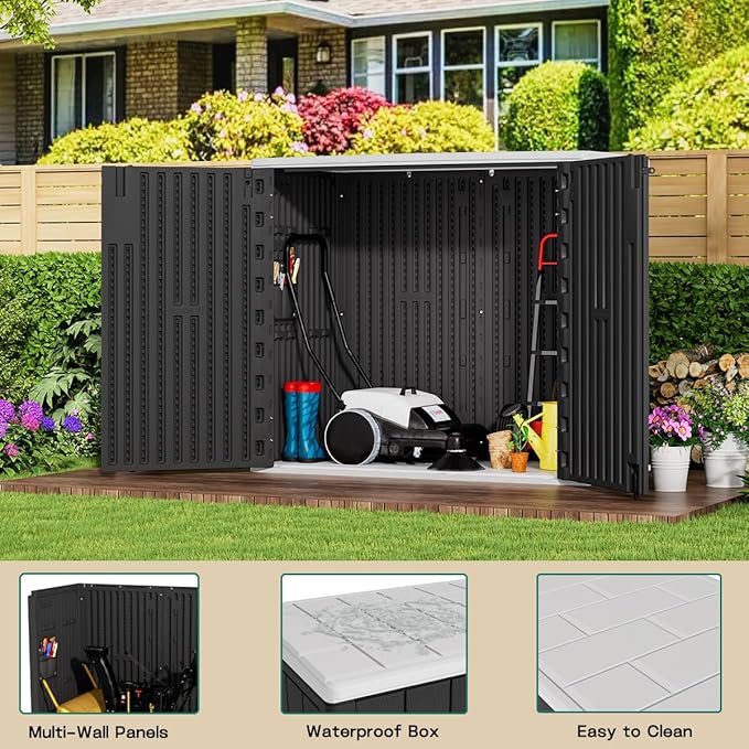 KINYING Outdoor Horizontal Storage Sheds,37 Cu.ft Outdoor Storage Cabinet Waterproof Resin Tool Storage Box for Lawn Mower,Garden Tools and Patio Furniture, Lockable (Black)