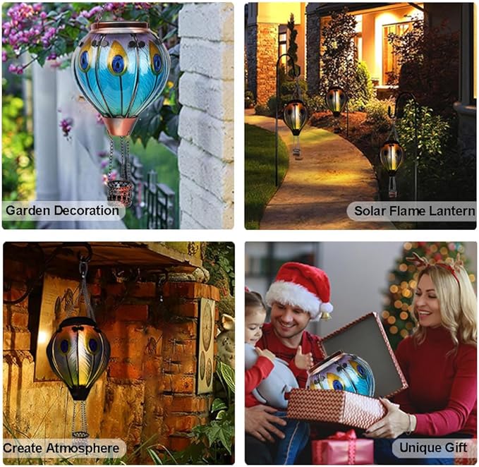 2PC Hot Air Balloon Solar Lantern with 2PC Shepherd Hook, Flickering Flame Hanging Solar Lanterns Outdoor Lights Waterproof Lanterns for Garden Patio Yard Party Decor (Peacock Feather Blue)