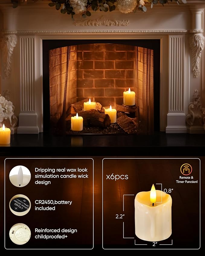 Homemory 2" x 2" Timer Remote Control Flickering Flameless Votive Candles, Realistic Battery Operated, 6Pack 3D Wick Electric Fake for Christmas, Wedding, Home Decorations