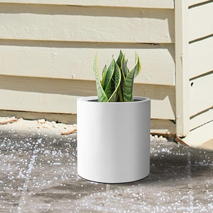 Kante 9.8" Dia Round Concrete Planter, Modern Style Large Cylindrical Plant Pot with Drainage Hole and Rubber Plug for Indoor Outdoor Patio, Pure White