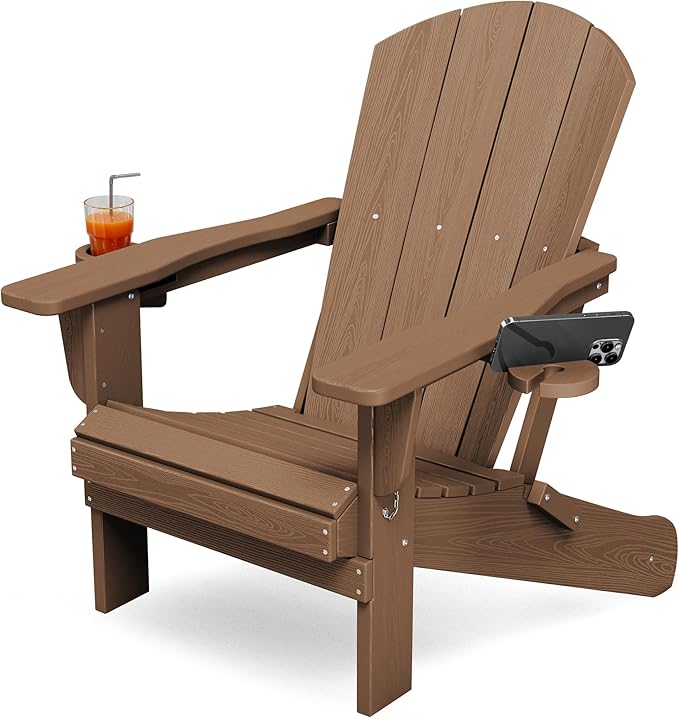 KINGYES Folding Adirondack Chair with Dual Cup Holders - HDPE All-Weather Outdoor Chairs, Brown