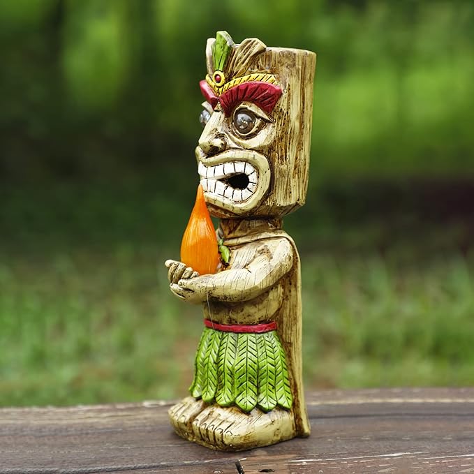13" Tall Solar Torch Tiki Garden Statue, Resin Large Tiki Decor Figurine with Solar Lights, Hawaiian Tiki Man, Outdoor Patio Yard Lawn Bar Party Beach Pool Pond Decoration, Valentine's Day Gift