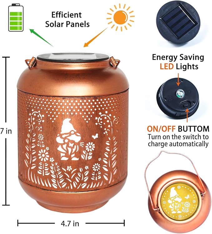 2 Pack Gnomes Solar Lanterns Outdoor Waterproof Hanging Solar Lights Gnomes Gifts for Women Men Mom Metal Decorative LED Outdoor Lanterns for Patio, Lawn, Landscape, Garden Decor, Yard Decorations