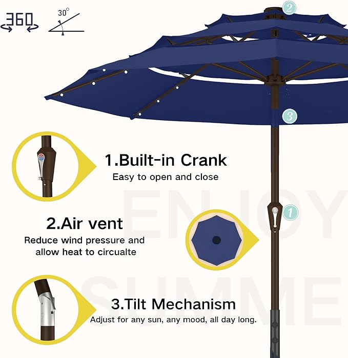 Kingdura 9ft 3-Tier Patio Umbrella with Solar Lights, Table Umbrella Outdoor Patio with Easy Crank & Tilt, 8 Sturdy Ribs, UV Protection, 32 LED Lights for Deck, Poolside, Market (Navy blue)