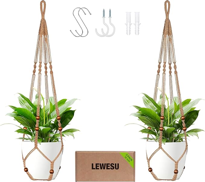 Jute Macrame Plant Hanger Indoor Set of 2 Hanging Planter Basket Flower Pot Holder with Decorative Wood Beads & No Tassels for Indoor Outdoor Boho Home Decor, 35 Inch Brown (Pots Not Included)