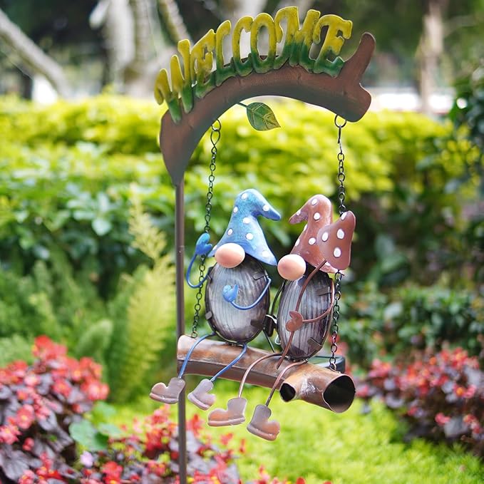 HONGLAND Solar Lights Outdoor Decor, Gnomes Swing Garden Decor, Funny Gifts for Women Mom, Gnomes Outdoor Decorations with Welcome Sign for Front Porch Patio