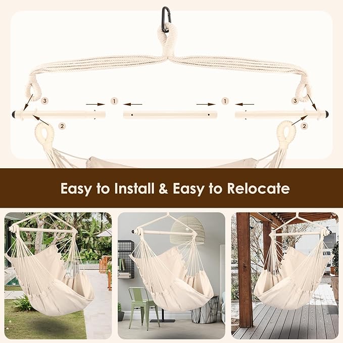 Highwild Hanging Rope Hammock Chair Swing Seat for Any Indoor or Outdoor Spaces - 500 lbs Weight Capacity (Beige)