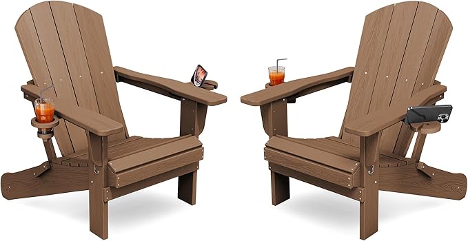KINGYES Folding Adirondack Chair Set of 2, Dual Cup Holders & All-Weather HDPE, Wood-Like Patio Chair for Backyard, Camping, Pool & Fire Pit, Brown