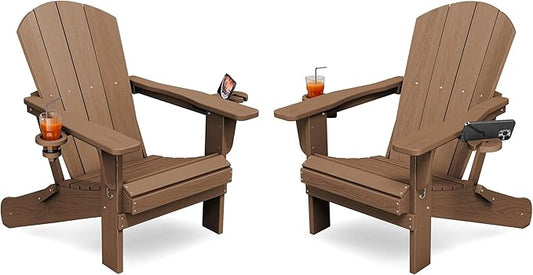 KINGYES Folding Adirondack Chair Set of 2, Dual Cup Holders & All-Weather HDPE, Wood-Like Patio Chair for Backyard, Camping, Pool & Fire Pit, Brown
