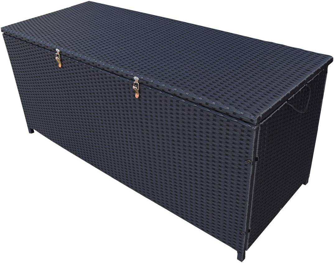 Oakland Living Charcoal Black Indoor and Outdoor Balcony Patio Deck Porch Pool 113 Gallon Wicker Storage Box Trunk Bin with Metal Frame