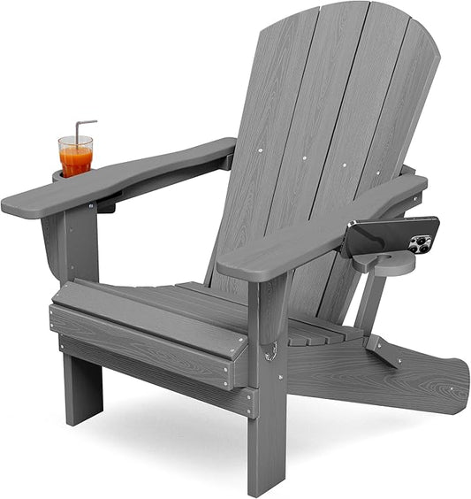 KINGYES Folding Adirondack Chair with Dual Cup Holders - HDPE All-Weather Outdoor Chairs, Grey