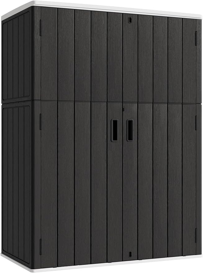 KINYING Outdoor Vertical Storage Shed,57 Cu.ft Outdoor Storage Cabinet Waterproof,Resin Sheds & Outdoor Storage Clearance for Garden,Patio,Backyard,Lockable (Black)