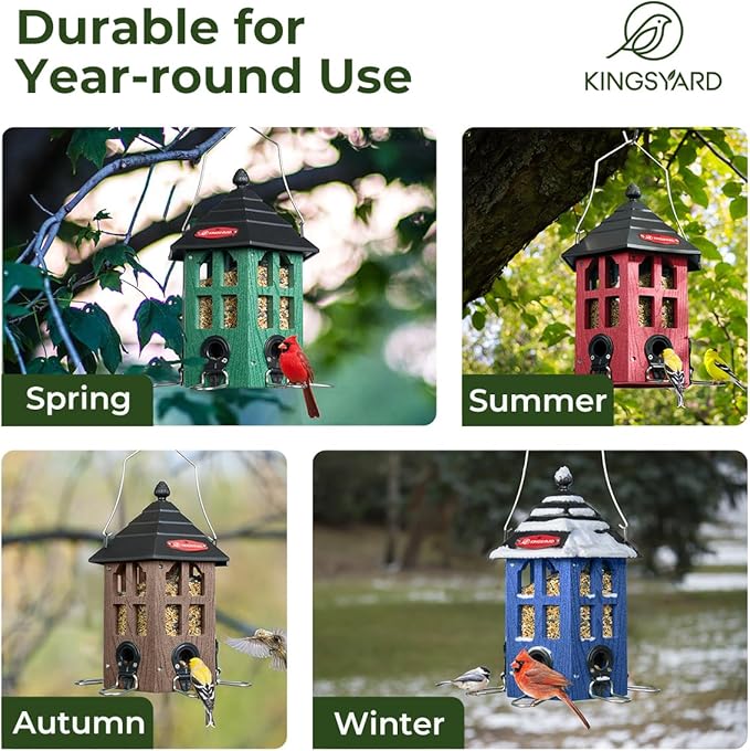 Kingsyard Wild Bird Feeder for Outdoor Hanging, Recycled Plastic Bird Feeders with 6 Ports & U-Shape Perch, Garden Yard Outside Decoration, 3.5 lbs Seed Capacity, Brown