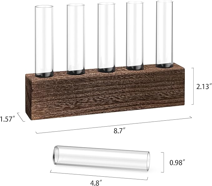 KAXYEW Desktop Glass Plant Propagation Station Test Tube Plant Terrarium in Wooden Stand for Hydroponic Plants Cutting Office Home Decoration Gift for Women (5 Test Tubes-BR)