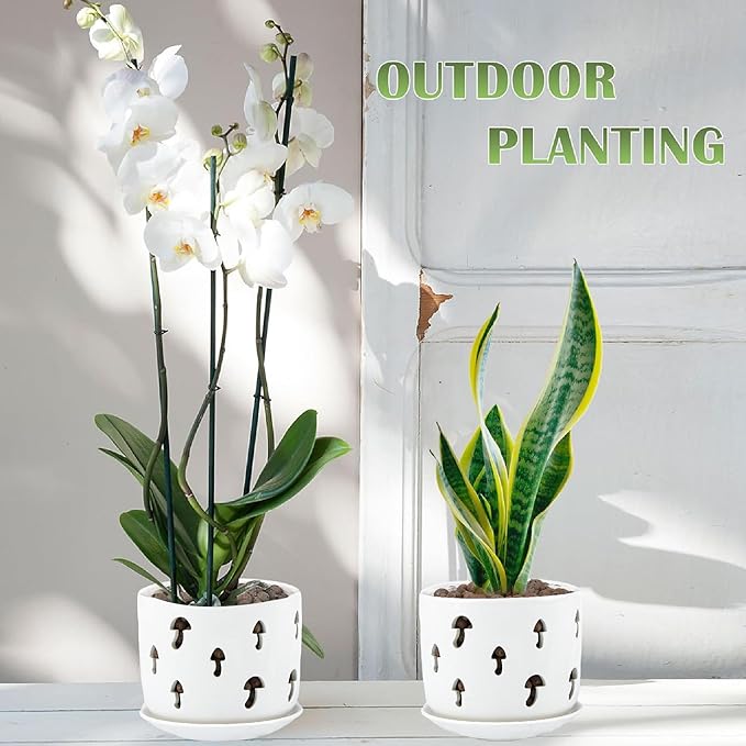 KERUITA Orchid Pots with Holes,5 inch + 6 inch Ceramic Planters Set of 2 with 2 Tray,White Flower Pot with Dancing Mushroom Shaped Vent, Enhanced Drainage and Ventilation
