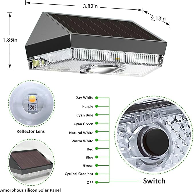 Solar Fence Lights Outdoor - IP65 Waterproof, 3000/4000/6000K & RGB Fence Lights Solar Powered, Deck Light for Outside Backyard, Patio, Deck, Stair Handrail, Pool and Wall (2PK)