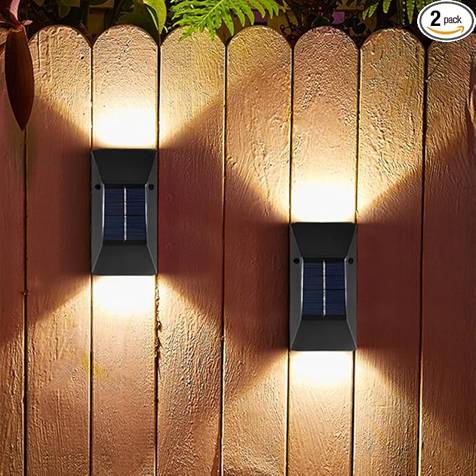 2 Pack Solar Wall Lamps, Solar Fence Lights, Deck Light, LED Solar Wall Lights for Home Garden Porch, Up and Down Lighting Lamp (White Light)
