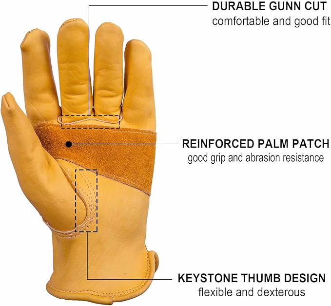 OZERO Leather Work Gloves: 3 Pairs Heavy Duty Work Glove Tough Cowhide Driver Gloves for Construction Gardening Yard Work Truck Driving Farming DIY Gold Medium
