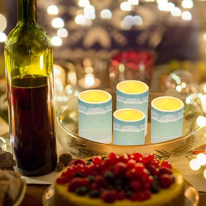 Flameless LED Candles Electric Candle Set with Remote Timer Color Changing Control Long Lasting for Table Centerpiece Home Indoor Coastal Decoration Set of 4, Beach Light Blue