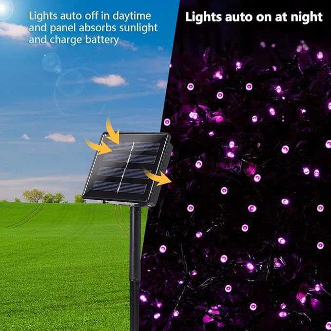 Toodour Solar Christmas Lights Outdoor, 200 LED 8 Modes Christmas String Lights, Waterproof Solar Light String for Garden, Patio, Fence, Holiday, Party, Balcony, Outdoor Christmas Decorations - Purple