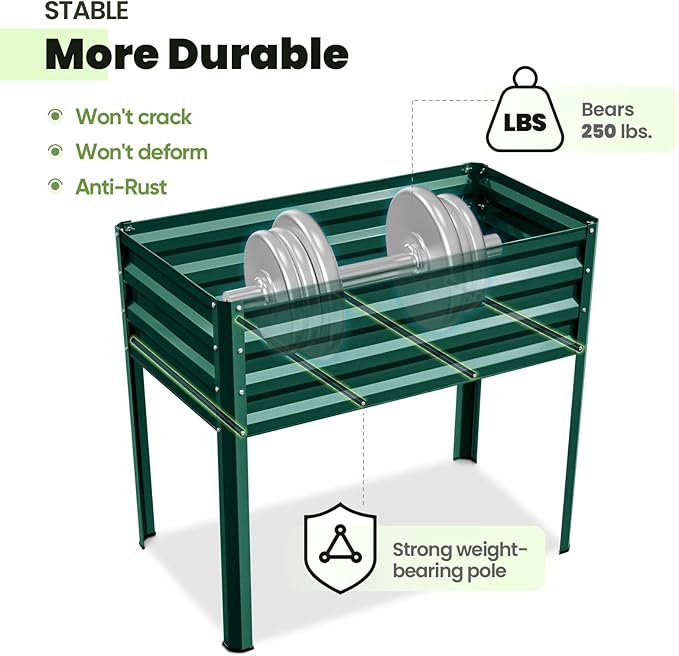 KING BIRD Raised Garden Bed with Legs Galvanized Elevated Planter Box for Backyard, Patio, Balcony, 33.9x17.7x31.5in, Green