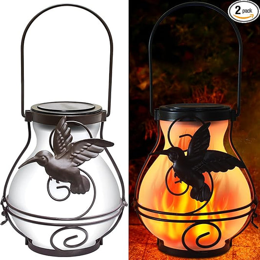 2 Pack Solar Flickering Flame Lights,Outdoor Upgraded Metal Lantern for Hanging Solar Powered Waterproof LED Flame Glass Lanterns for Patio Garden Christmas Halloween Decorations