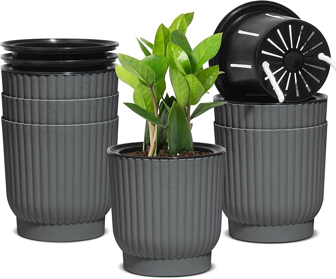 T4U 4.5 Inch Self Watering Pots for Indoor Plants, 6 Pack Gray Plastic Flower Pots for All House Plants, Flowers, African Violets