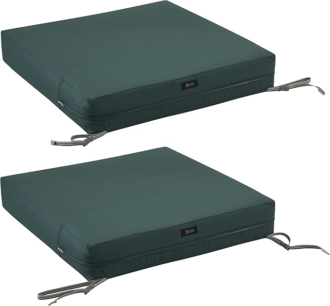 Classic Accessories Ravenna Water-Resistant 25 x 25 x 5 Inch Square Patio Seat Cushion Slip Cover & Foam, Mallard Green, Lounge Chair Cushion