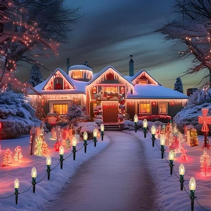 38Ft Christmas Pathway String Lights Outdoor with C9 25 Clear Christmas Pathway Marker Stakes Lights, Extendable C9 Outdoor Walkway Lights for Outside Xmas Party Holiday Backyard Commercial Decor