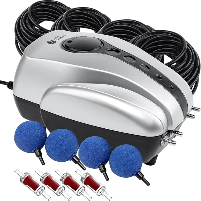 AquaMiracle All-in-One Pond Air Pump Koi Pond Aerator for Pond up to 2000 Gallons Pond Deicer Pond Aeration Kit with 2&4 Outlets Air Stones Airline Tubing Check Valves