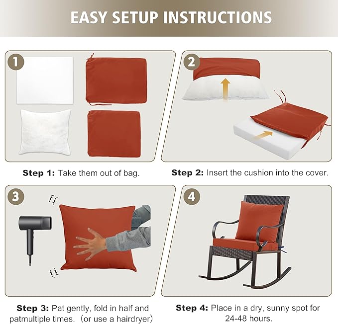 24x24 Inch Outdoor Cushions for Patio Furniture, Waterproof Outdoor Chair Cushions w/Fade-Resistant, Removable & Machine-Washable Covers, Deep Seat Sofa/Couch Pad Replacement – Set of 1/2/4, Rust