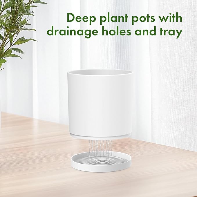 12/10/8 inch Large Plant Pots, 3 Pack Deep Cylinder Flower Pots for Outdoor Indoor Plants, Tall Plastic Planters with Drainage Holes and Saucers for Garden House Plants, White