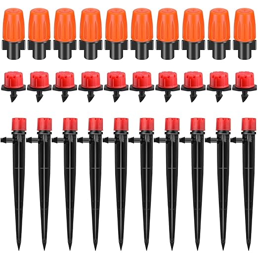 30 Pcs Drip Irrigation Kits with 10 Pcs 1/4 Drip Irrigation Emitters10 Pcs 360 Degree Adjustable Irrigation Drippers Sprinklers and 10 Pcs 3 Way Atomizing Nozzles for (4-7mm) Watering Patio