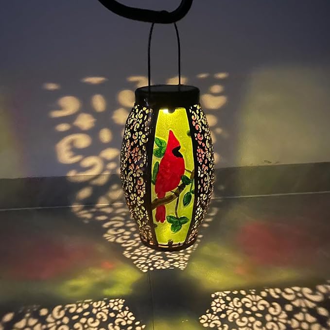 2PCS Cardinal Solar Lanterns Glass & Metal Hanging Light Outdoor Waterproof 16" H Tabletop Lamp with Hollowed-Out Design with Shepherd's Hooks for Garden Patio Table Decor, Green