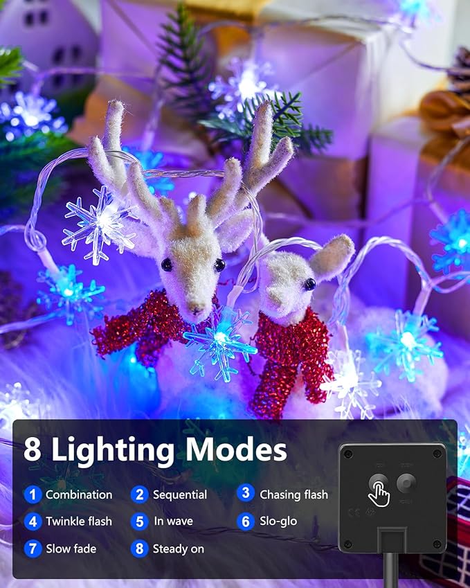 Brightown Solar Christmas Snowflake String Lights, 72FT 200 LED Outdoor Waterproof Fairy Lights with 8 Lighting Modes for Wedding, Party, Tree, Room, Garden, Patio, Yard, Home, Blue&White