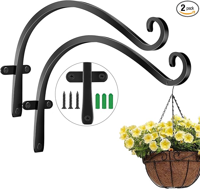 HOOPLE Plant Hangers Outdoor Heavy Duty 2 Pack, Extra Long 12 Inch Cast Iron Hanging Plant Bracket, Metal Black Plant Brackets Hook for Hanging Flower Baskets, Hanging Bracket, Elegant Design
